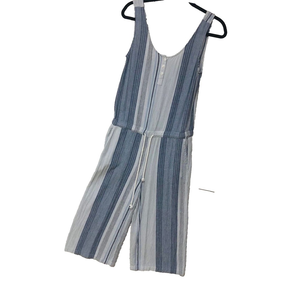 Anthropologie Cloth‎ & Stone Striped Wide Leg Crop Jumpsuit Linen Blnd Womens S